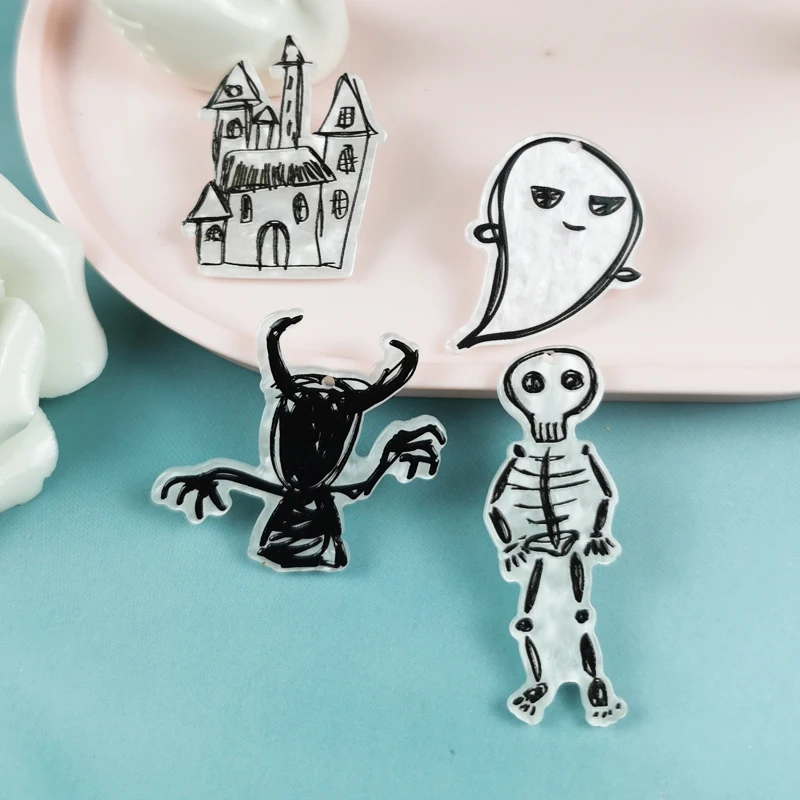 JeQue 10PCS Acrylic Fear Halloween Skull Haunted House Ghost Charms Pendant DIY Keychain Earrings Jewelry Accessories