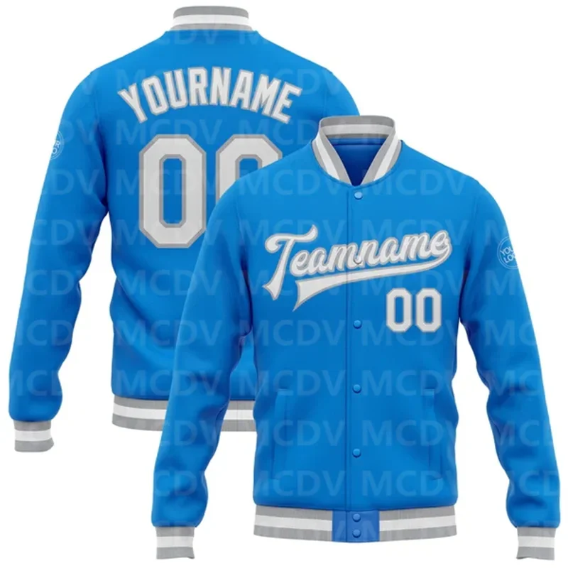 Custom Electric Blue White-Gray Bomber Full-Snap Varsity Letterman Jacket