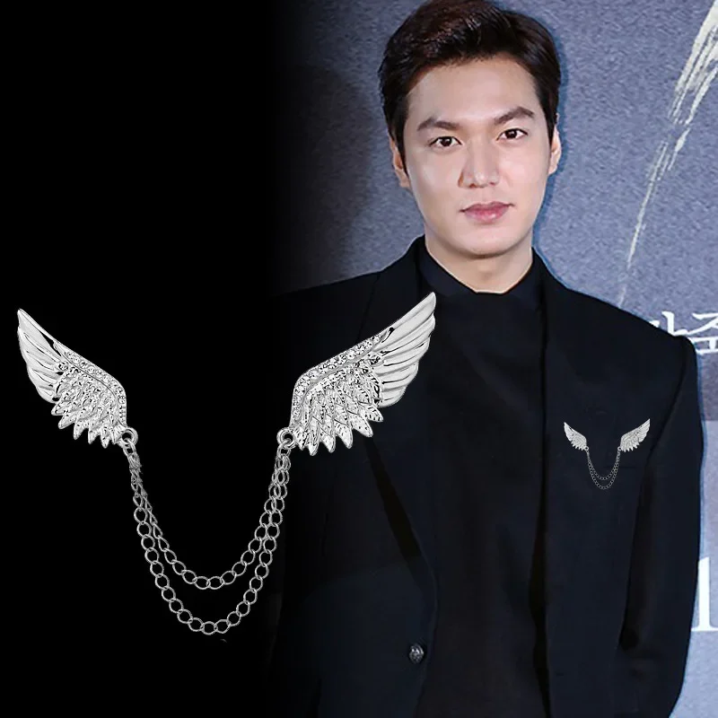 Vintage Crystal Angel Wings Brooches Pins Metal Chain Shirt Collar Lapel Pin Brooch for Men Women Fashion Jewelry Accessories