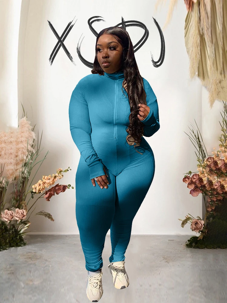 Female Jumpsuit Winter Long Sleeve Zipper Up Ribbed Jumpsuit Women Sexy Slim Fit Plus Size Jumpsuit Wholesale Dropshipping