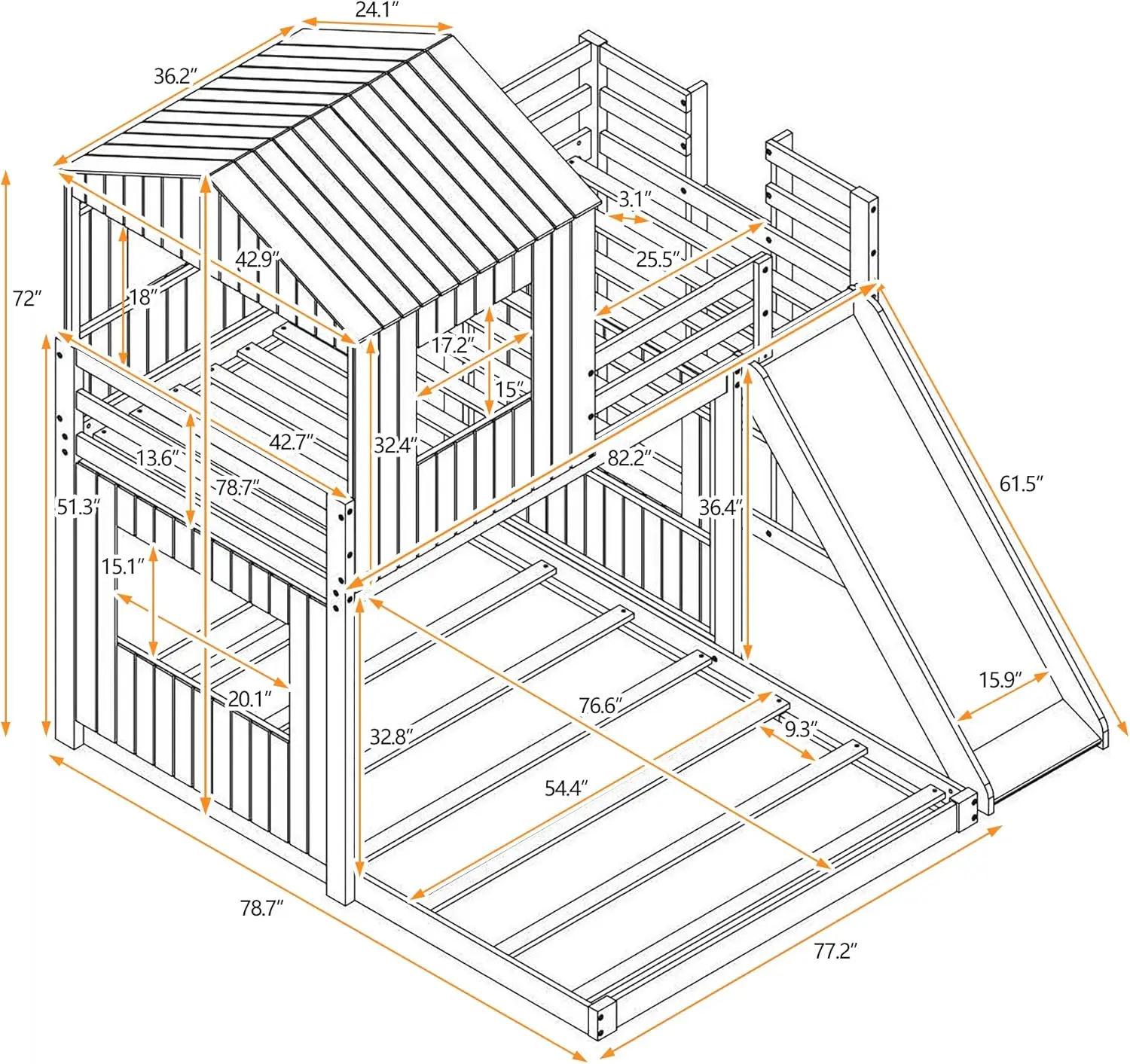 Harper & Bright Designs House Floor Bunk Beds With Slide, Wooden Twin Over Full Bunk Beds With Slide, Roof And Guard Rail For