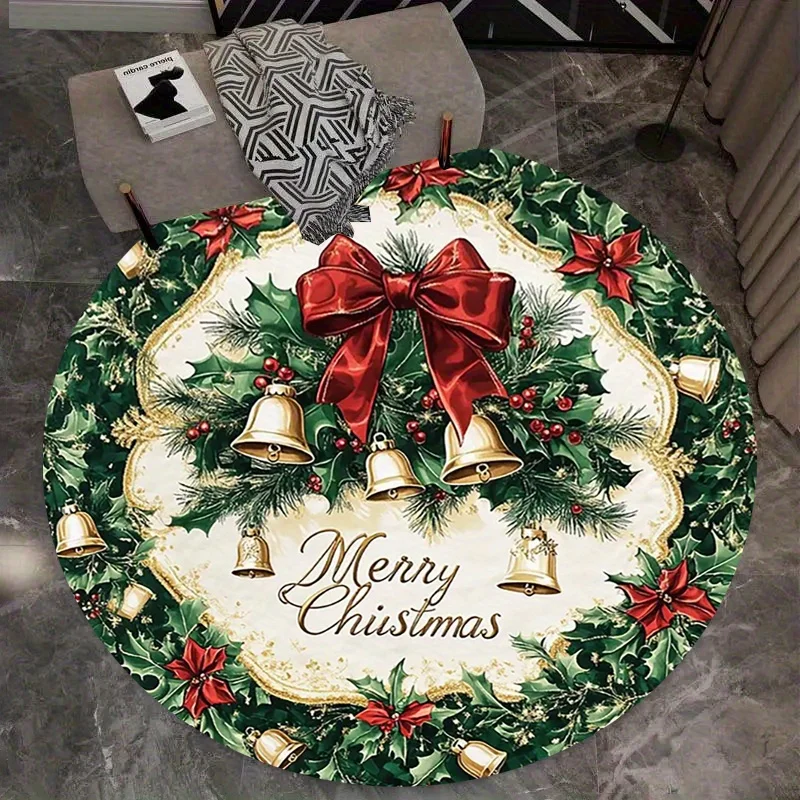 1pc 2D Flat Round Floor Mat, Red Ribbon Pinecone Bell Garland Printed Rug, Christmas Home Decor, Suitable for Entrance