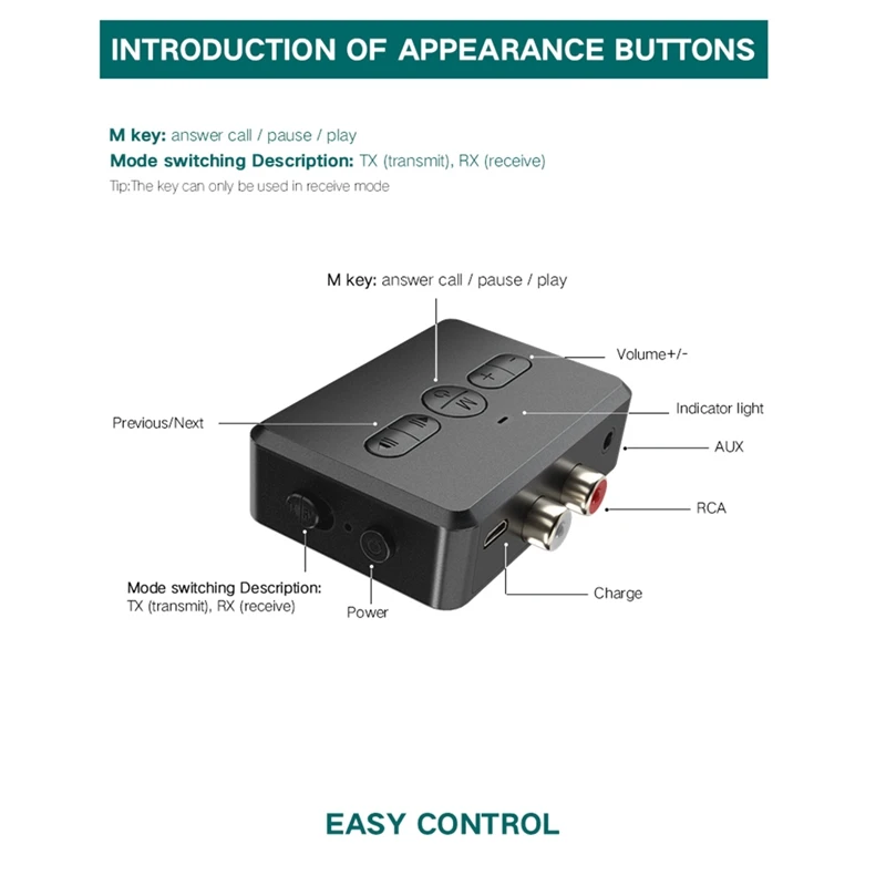 Rise-Bluetooth 5.0オーディオレシーバー、トランスミッター、RCA、3.5 AUXジャック、ステレオミュージック、ワイヤレスアダプター、車、PC、テレビのハンズフリー通話