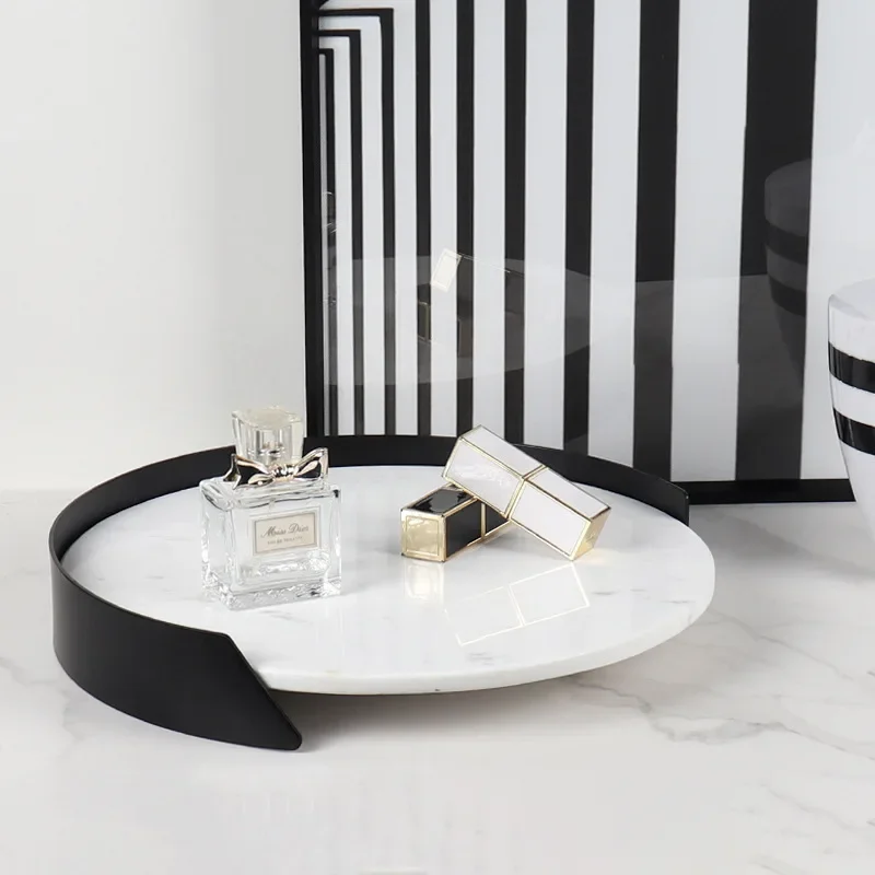 Light Luxury Marble Metal Frame Tray Cosmetics Washstand Bathroom Supplies Jewelry Desktop Round Storage Tray