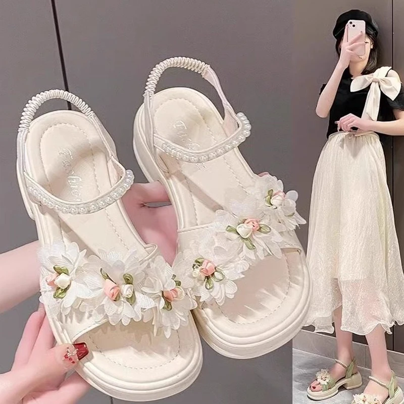 Floral Thick Sandals for Women 2026 Summer New Beach Style Fashion Beautiful Shoes Pearl Elastic Band Green Fresh Sandals