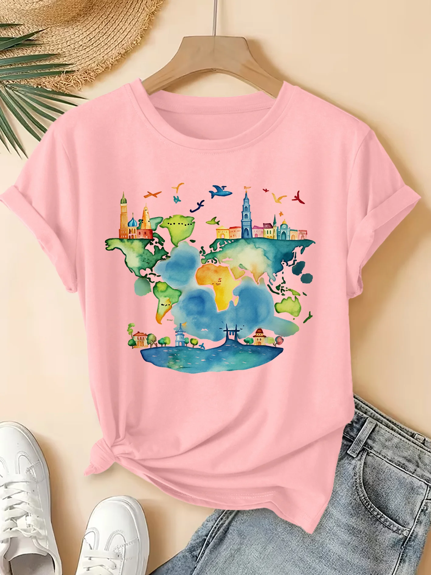 2026 Spring/Summer New Women's Round Neck Watercolor World Map Printed T-shirt Casual Top Fun and Playful Age Reducing Top