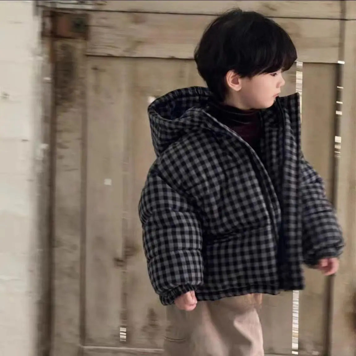 Boys' Thick Warm Coat Autumn/Winter New Children's Baby Hooded Checkered Cotton Jacket