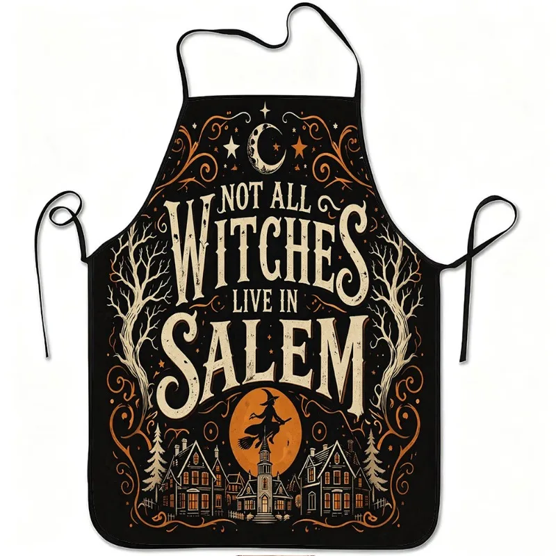 1pc 2D Flat Halloween Witch Starry Town Retro Text Print Apron, Unisex Apron for Baking, BBQ, Painting, Gardening & Nail Art