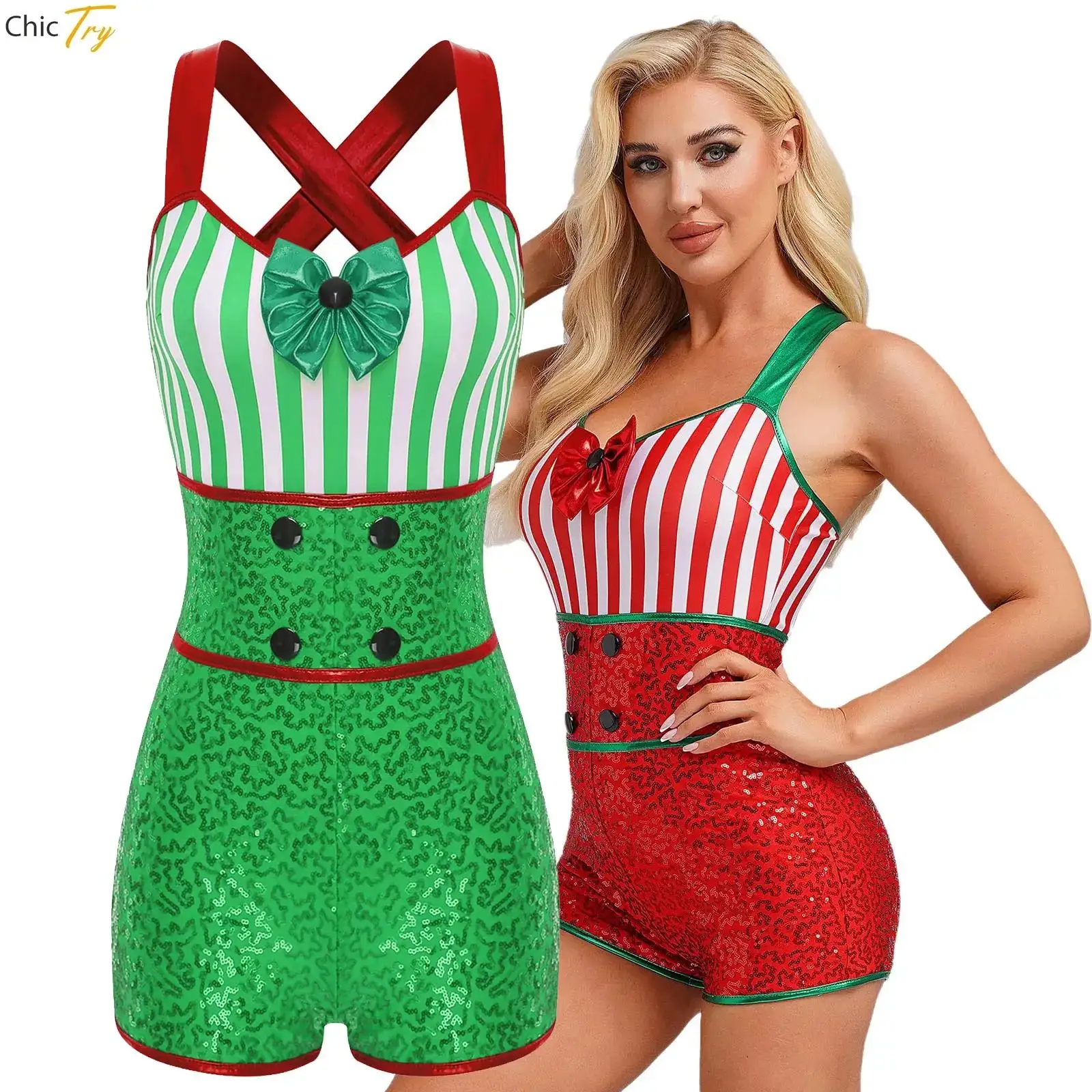 

Женский рождественский комбинезон из конфетной трости, костюм, комбинезон, рождественский балет, тренажерный зал, танцы, блестящие металлические полосы, цельный боди