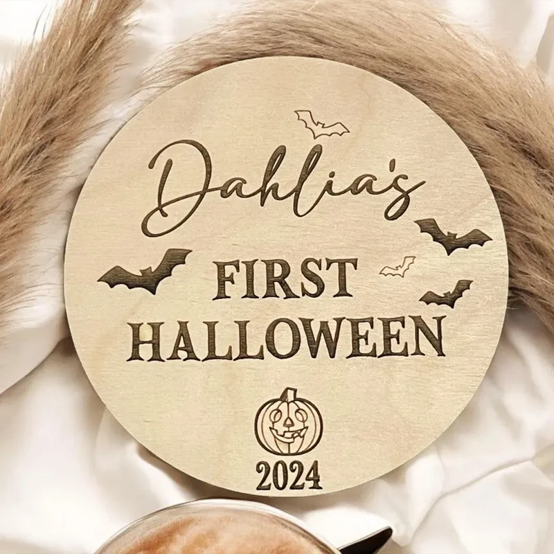 

Personalized Engraved Baby's First Halloween Name Plaque Pumpkin Keepsake Decorate Wooden Baby Gift Social Media Photo Prop Disc