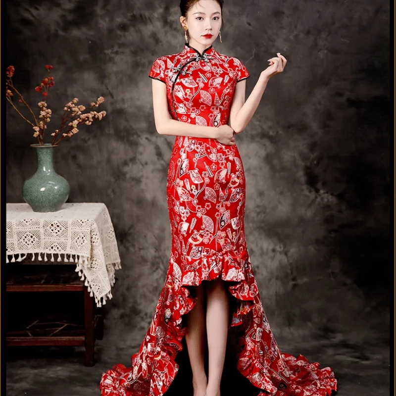 

Chinese Style Red Fishtail Dress Model Runway Stage Performance Outfit Embroidered Cheongsam Skirt