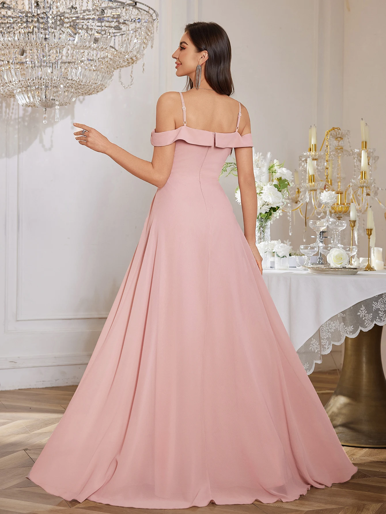 UNITHORSE Abito longuette elegante senza spalline in puro colore con orlo arricciato e vita incrociata per damigelle d'onore