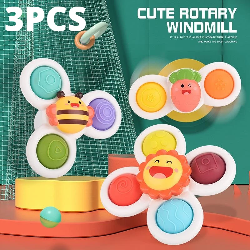 3pcs Children\'s Cartoon Animal Suction Cups Press And Rotate, Happy Baby Fingertips, Top Table, Rotating Flower Toys