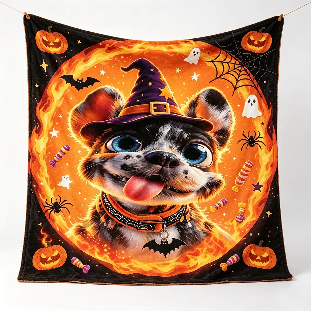 Halloween Witch Dog Fire Frame Pumpkin Bat Ghost Flannel Throw Blanket, Spooky Pet Dog Holiday Blanket for Party Sofa Decor