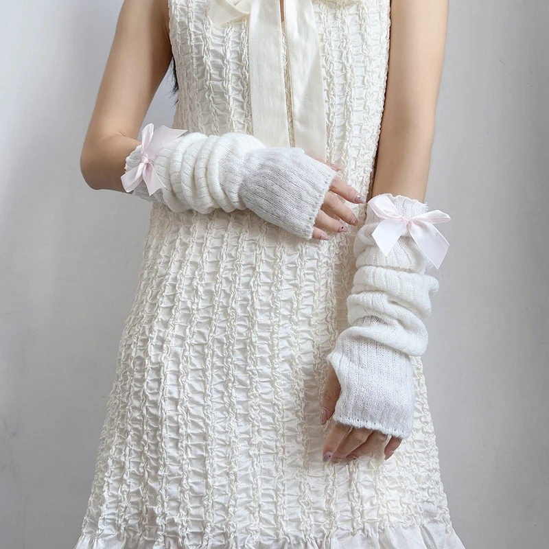 Zoete strik gebreide warme armmouwen meisje zachte elastische stof decoratieve vingerloze lange handschoenen feest casual mode-accessoire