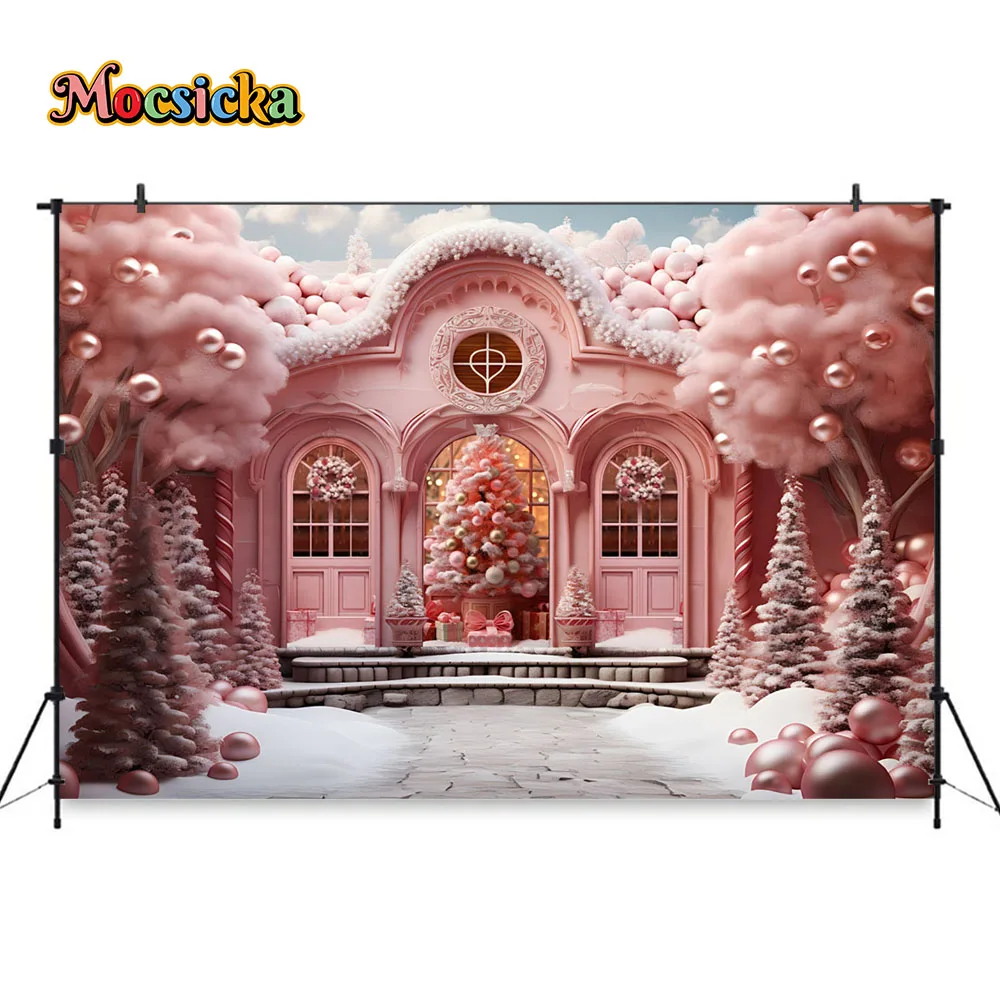 Fondo de fotografía sueño rosa tienda de Navidad decoración de puerta brillo bola de Navidad árbol fondo invierno chica fiesta regalo fotomatones