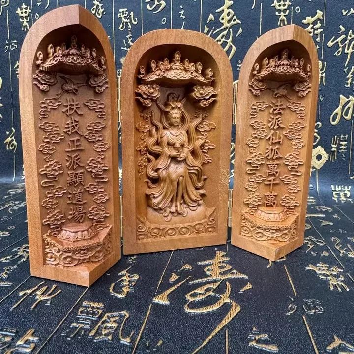 

wood three open Buddha box, intricately carved Nine Tailed Fox Fairy Goddess, Taoist cultural item, altar decoration