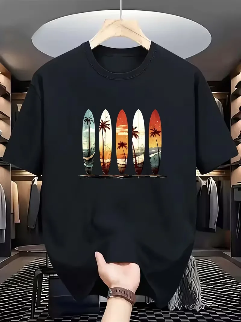 Retro Palm Tree Surfboard Graphic Short Sleeve T-shirt Sunset Beach Crew Neck Tee Aesthetic Y2k Black Casual Top for Women Men