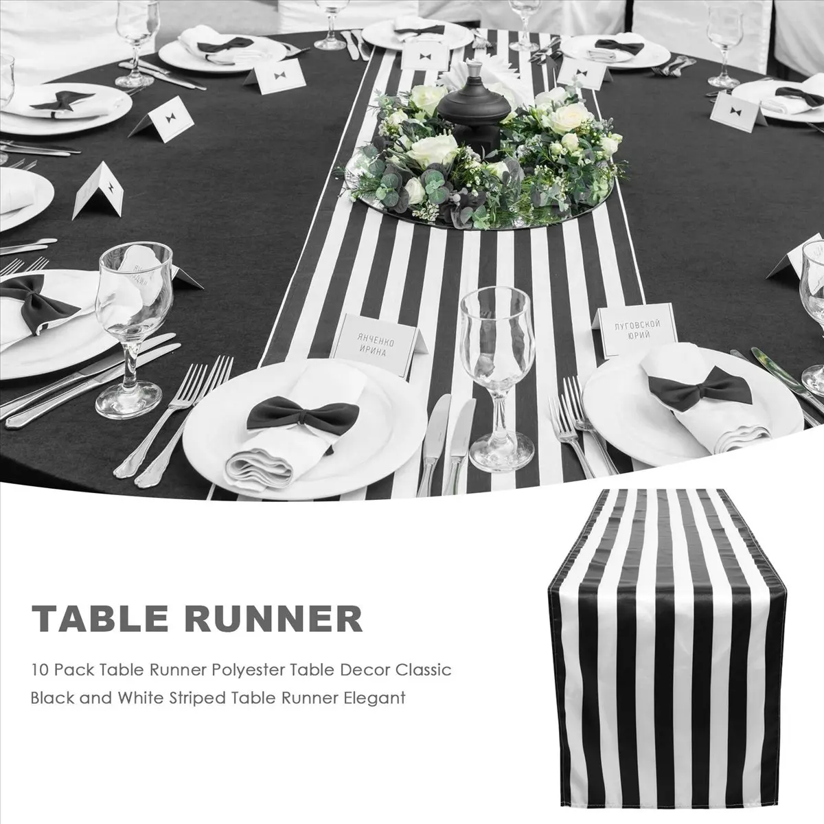 Carefree- 10 Pack Table Runner Polyester Table Decor Classic Black and White Striped Table Runner Modern Elegant Design