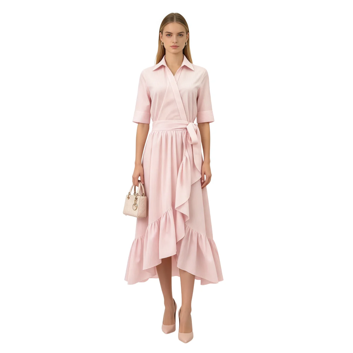 2026 Summer Women's Pink Midi Dress Short Sleeve Striped Lapel Ruffle Dress Cinched Waist Elegant Cocktail Party Dress