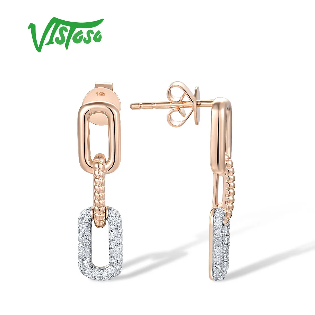 VISTOSO 14K 585 Rose Gold Stud Earrings For Women Sparkling Genuine Diamonds Dangling Chain Link Geometric Fine Fashion Jewelry