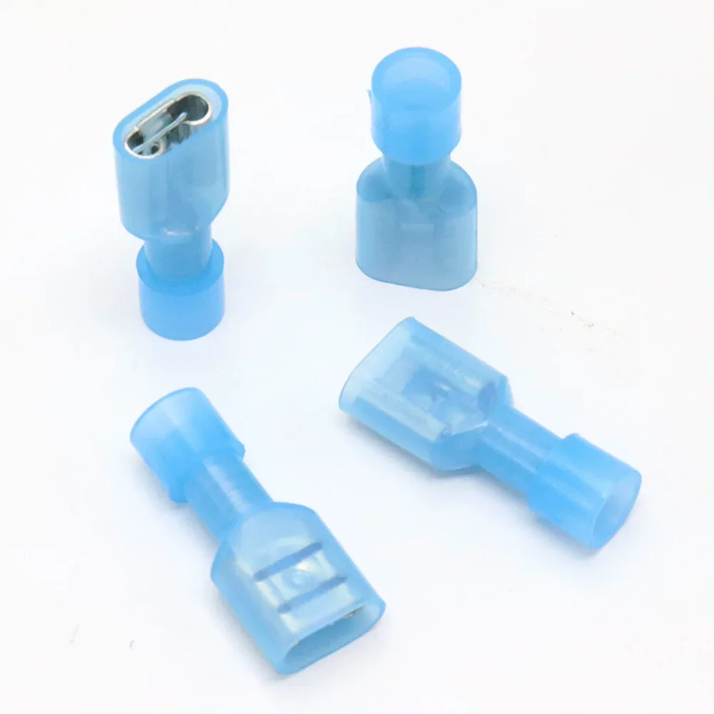 100/10pcs Nylon Female Cable Wire Connector FDFN2.5-250 FDFN2-250 Insulated Brass Spade Terminals Joint Eletrico 16-14AWG Blue