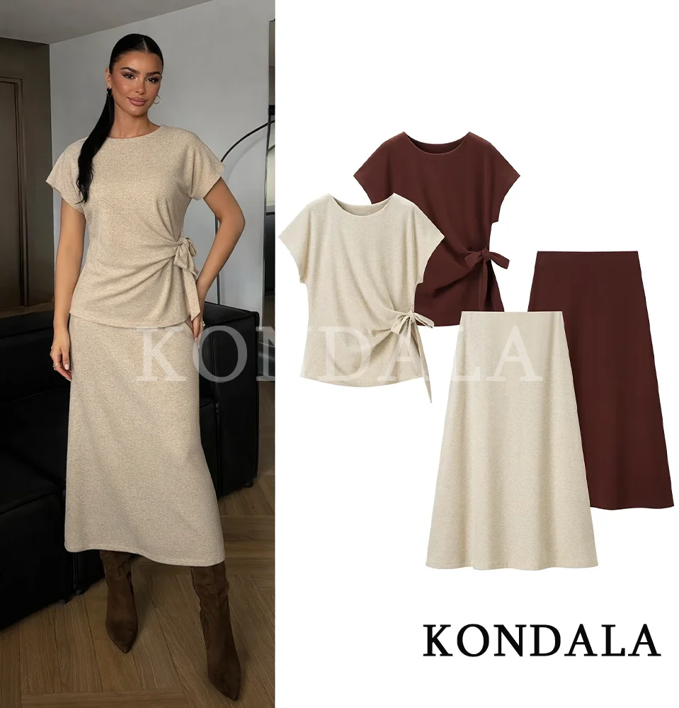 KONDALA Trendy Minimalist Soft Skirt Set Women Elegant Knot T-Shirts,Elastic Waist Midi Skirt 2026 Spring Summer Lady Casual Set