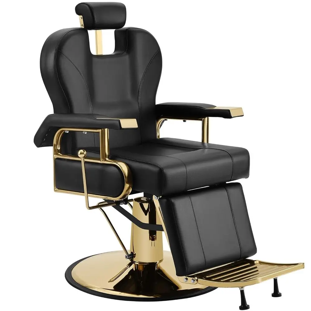 

Профессиональное парикмахерское кресло с откидной спинкой, 360 градусов ° Поворотное кресло с регулируемым подголовником, черно-золотое, для парикмахерских и на заказ