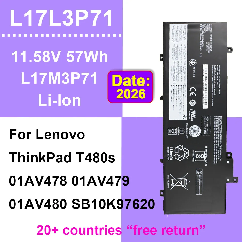 Replacement Laptop Battery L17L3P71 For Lenovo ThinkPad T480S Series SB10K97620 01AV478 01AV479 01AV480 L17M3P71 11.58V 57Wh OEM