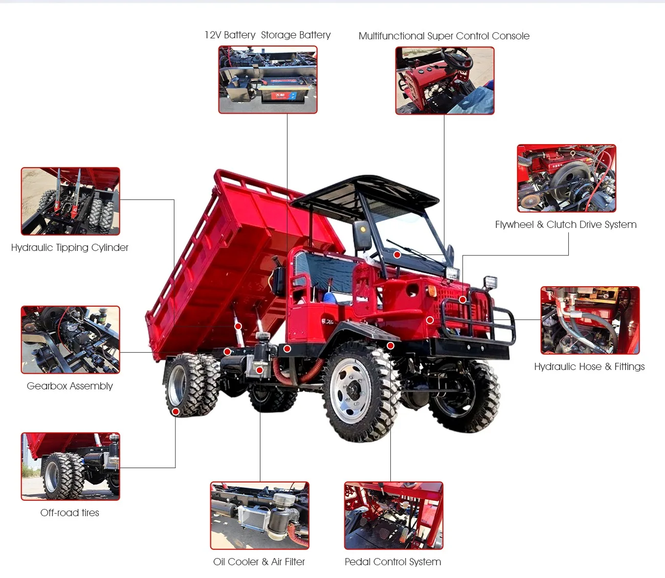 Utility Dump Truck with Raised Rear Bed and Protective Front Guard for Farm Tasks