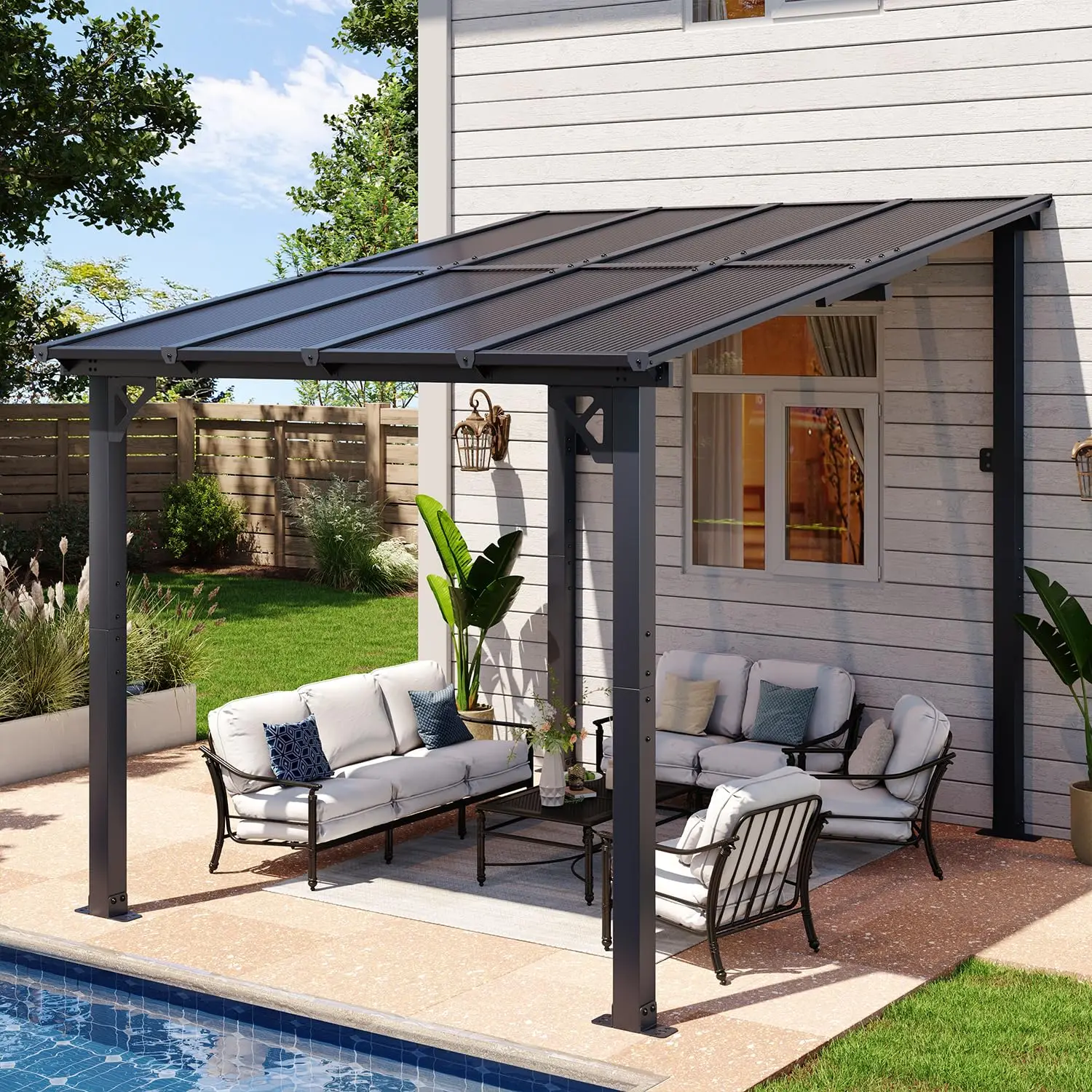 8x10ft Wall-Mounted Gazebo Pergola with Heavy Duty Awning for Patio & Outdoor Deck, Custom