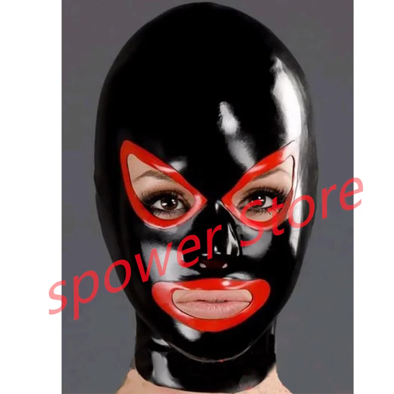 

Natural Latex Full Head Latex Hoods Rubber Mask Fetish Cosplay Costumes Black with Red Trim Back Zip Club Wear
