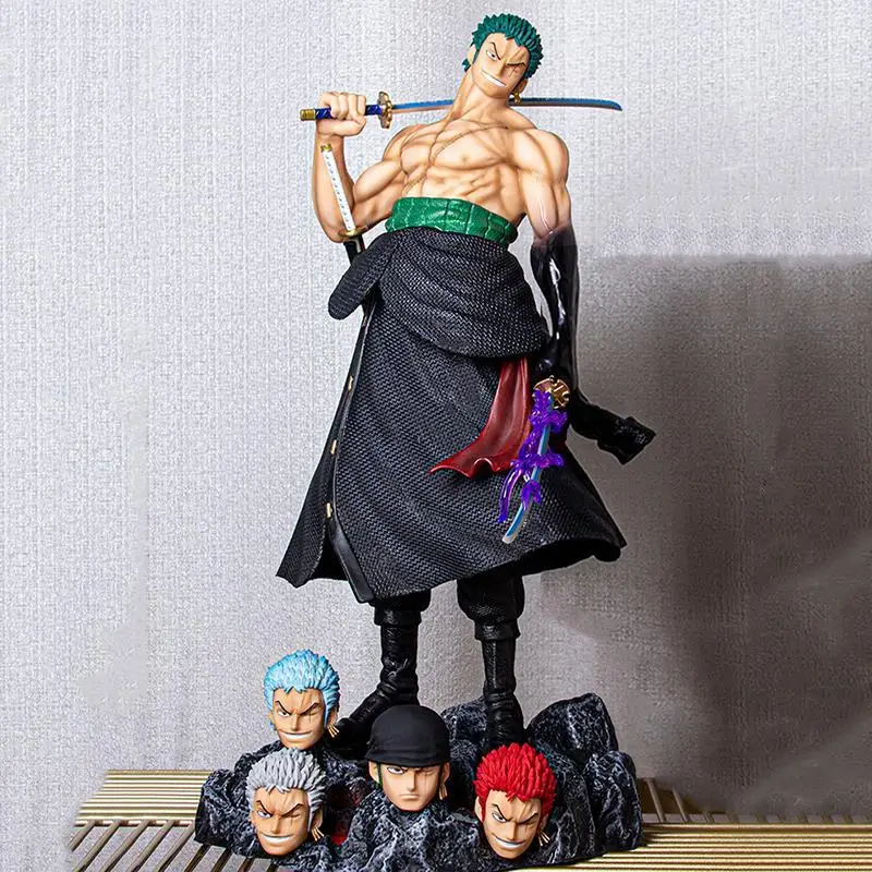 One Piece 50cm Gk Stance Carrying Knife Zoro Anime Figure 5 Interchangeable Heads Roronoa Zoro Collectible Statue Model Boy Gift