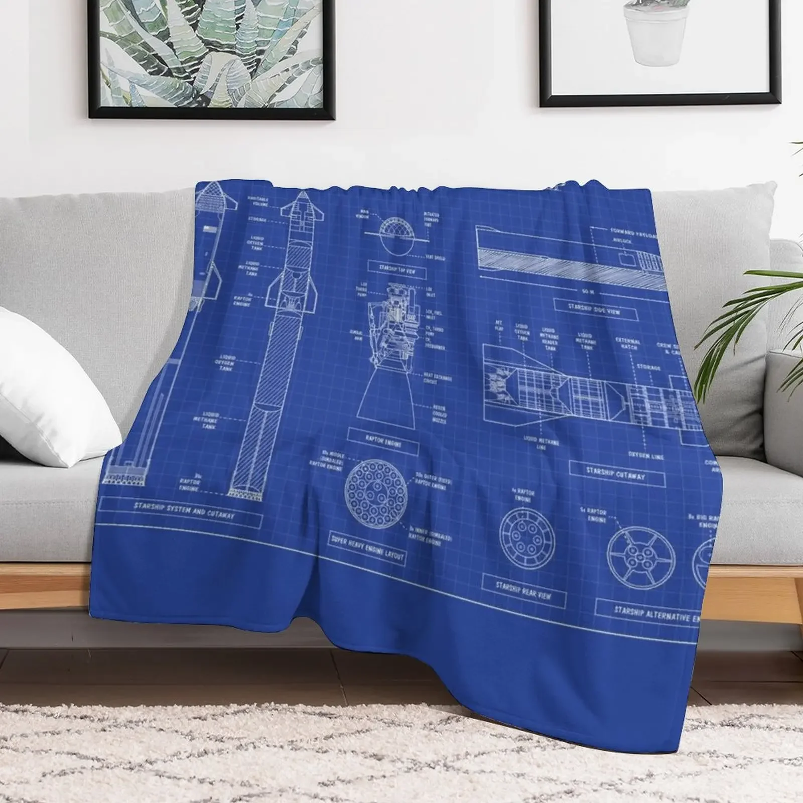 SPACEX: Super heavy / Starship (Blueprint) Throw Blanket Soft Bedroom Blanket for Night Sleeping