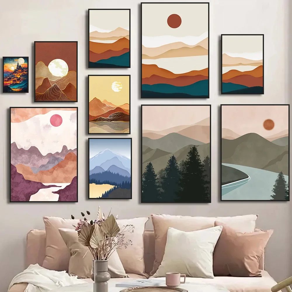Multi-size 1PC frameless high-definition decorative paintings,Abstract Nature Watercolour Landscape Mountain Sun Canvas Painting