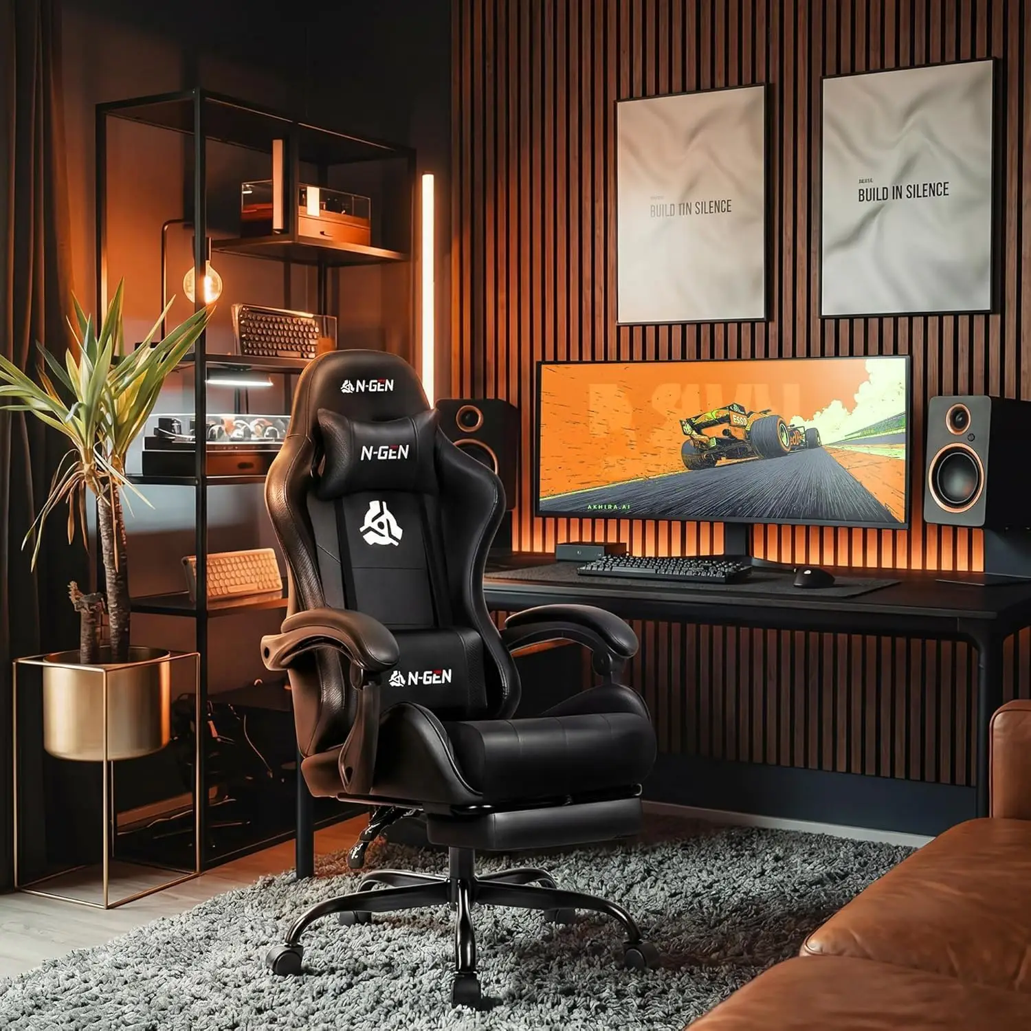 Gaming Chair with Footrest, Lumbar Support, High-Back, Black | Reclining Backrest, Linkage Armrests, Durable PU Leather, Adjusta