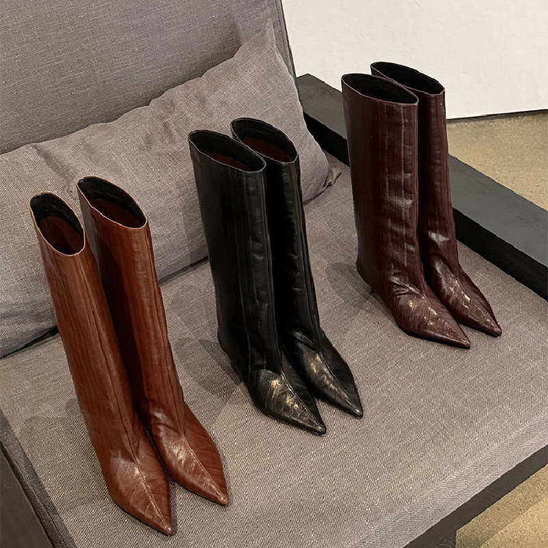 New Fashion Vintage Thin Heels Women Knee High Boots Fashion Winter Sexy Pointed Toe Stripper Party Shoes Zapatos De Mujes