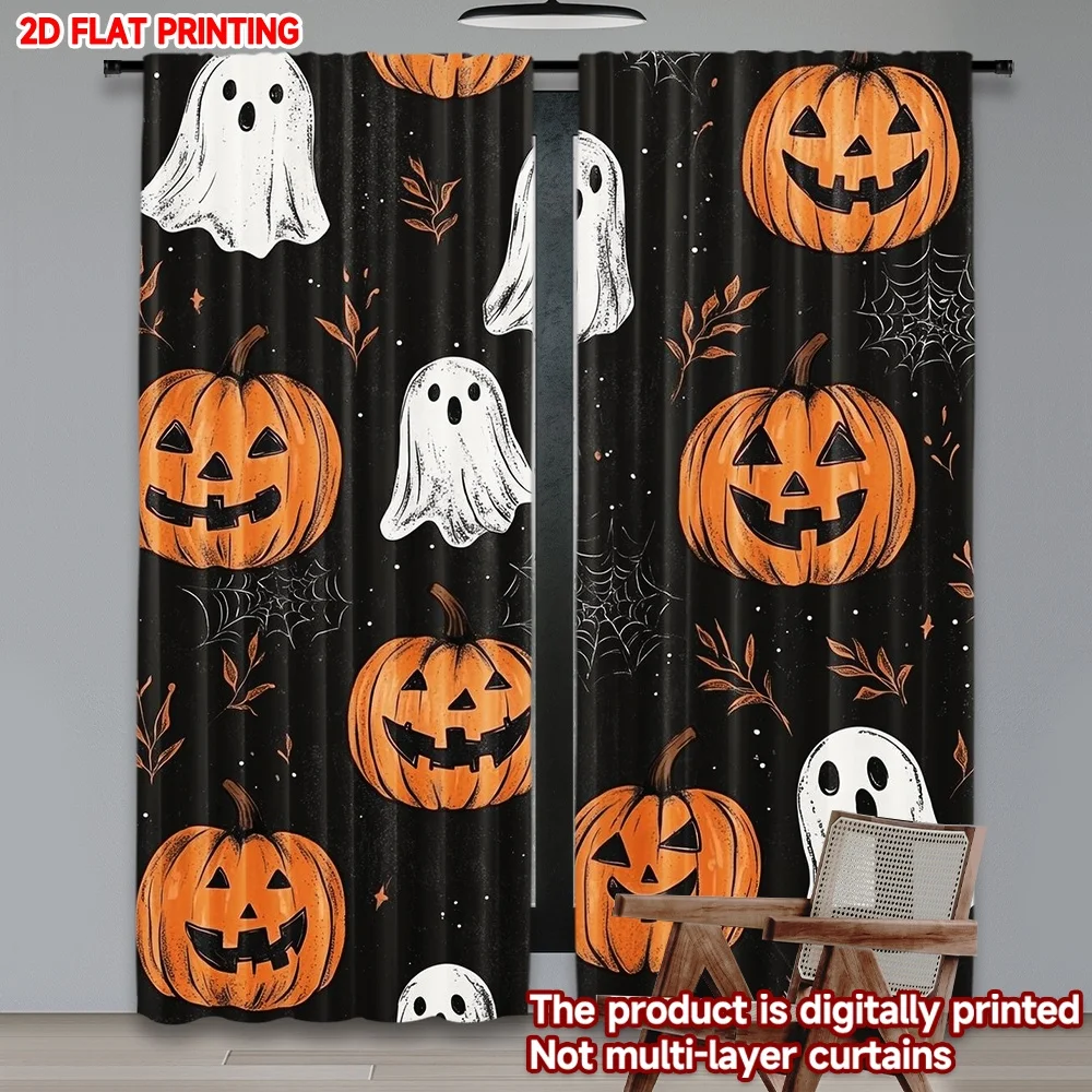Playful Pumpkin and Friendly Ghost Silhouette Rod Pocket Window Curtains Spooky Autumn Home Decor