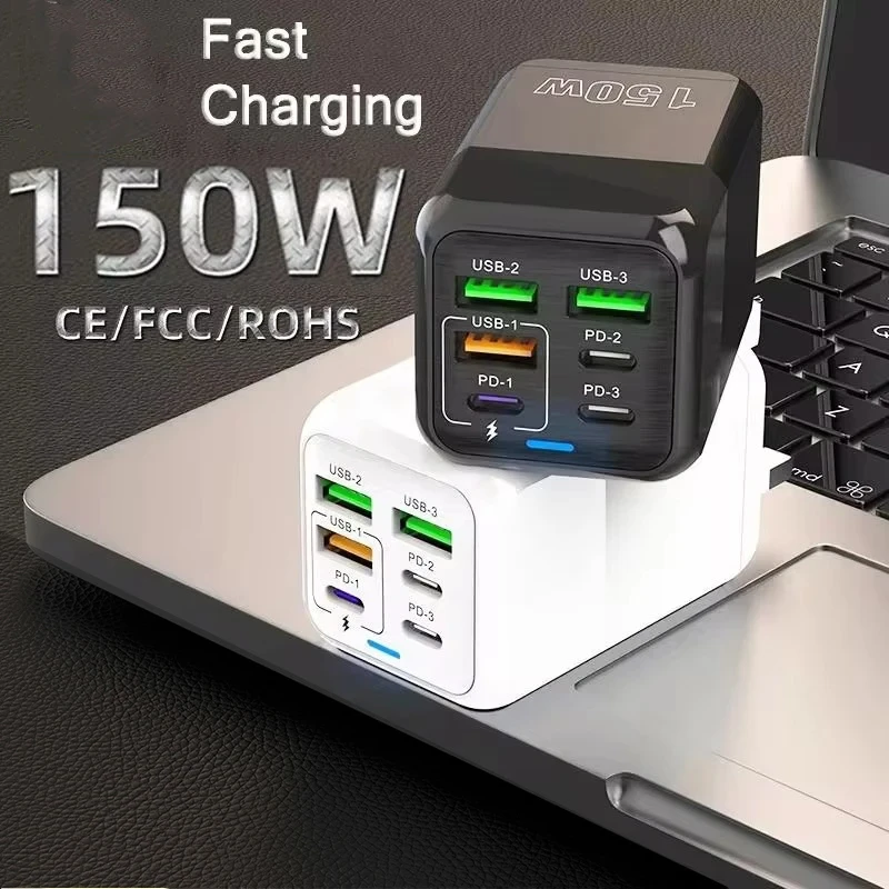 150W Super Quick Charger Cable 10A Ultra High Speed Fast Charging 6 Ports PD Type C QC 3.0 For iPhone Samsung Charger