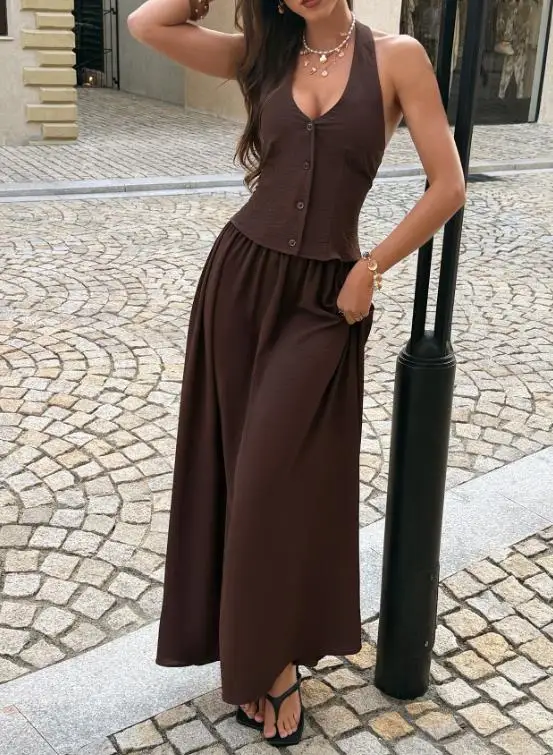 

2026 Spring/summer Women's Vacation Style Hanging Neck V-Neck Waist Long Dress