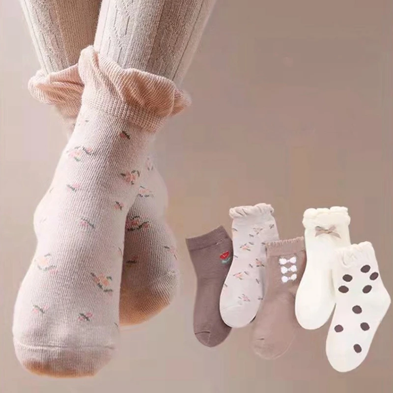 

5 Pairs Of Baby Girls Lace Cotton Socks Toddler Kids Hand-Stitched Lovely Bow Elastic Polka Dots Mori Princess Socks