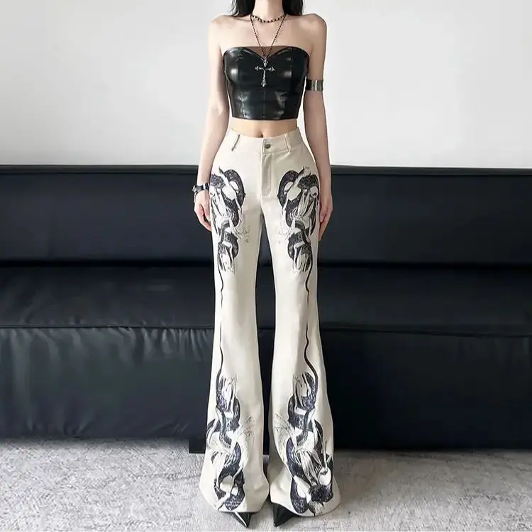 

American Style Retro Personalized Snake Print High Waist Casual Pants Women Slimming Bootcut Trousers