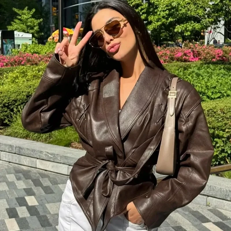 

Vintage Women's Leather Jacket With Belt Slim Lace Up Lapel Long Sleeve Locomotive Coat 2024 Autumn Lady High Street Y2k Outwear