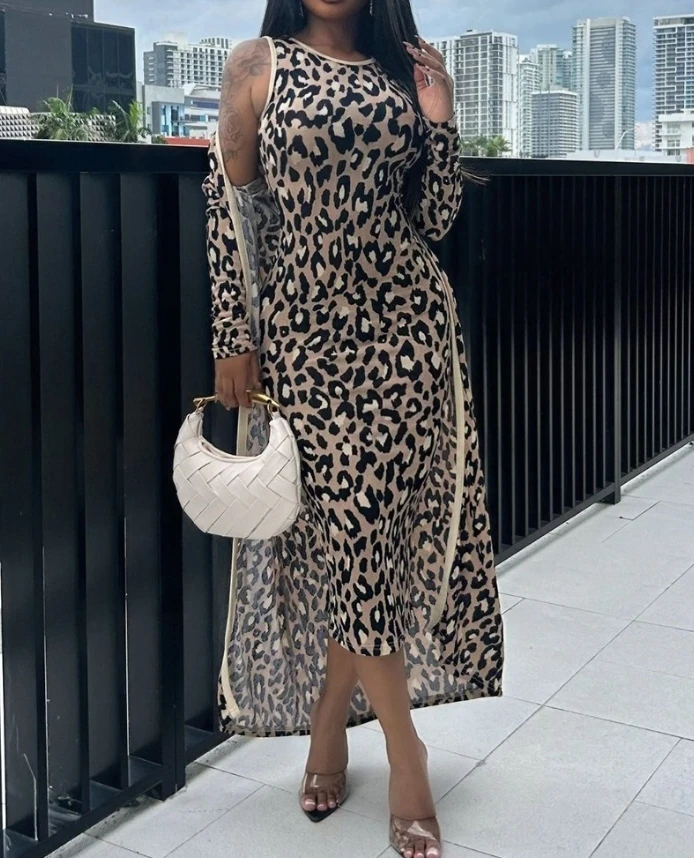 2 Piece Leopard Print Convertible Set Long Cardigan Sleeveless Round Neck Back Slit Bodycon Dress Casual Set