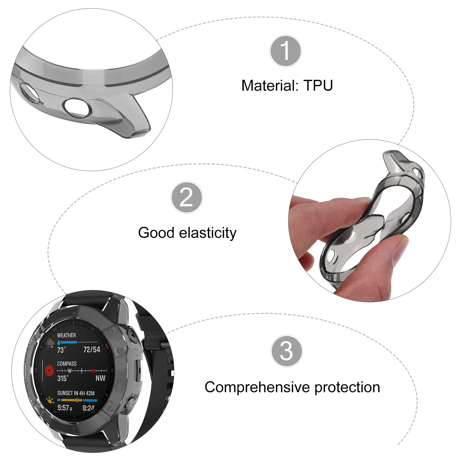 Capa Protetora para Smartwatch em TPU Transparente Preta com Recortes Precisos Leve Compatível com Garmin