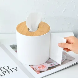 Plastic Tissue Box Round Toilet Tissue Dispenser Paper Roll Holder Napkin Organizer with Bamboo Lid for Bathroom Bedroom Office