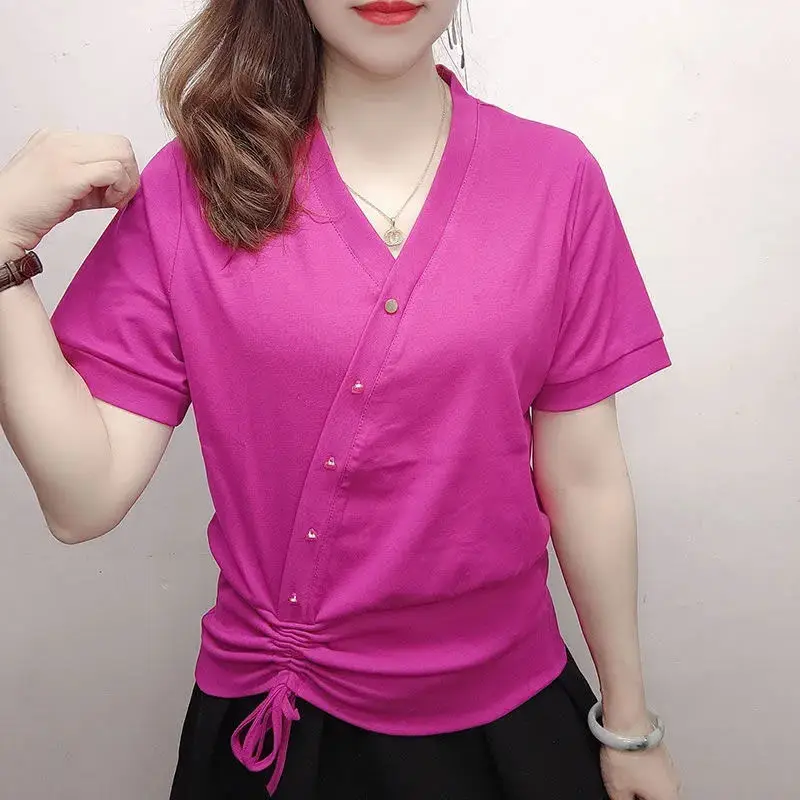 Commute Fashion Female Button Spliced Solid Color T-shirt Summer New Women\'s Clothing Comfortable All-match Short Sleeve Tops