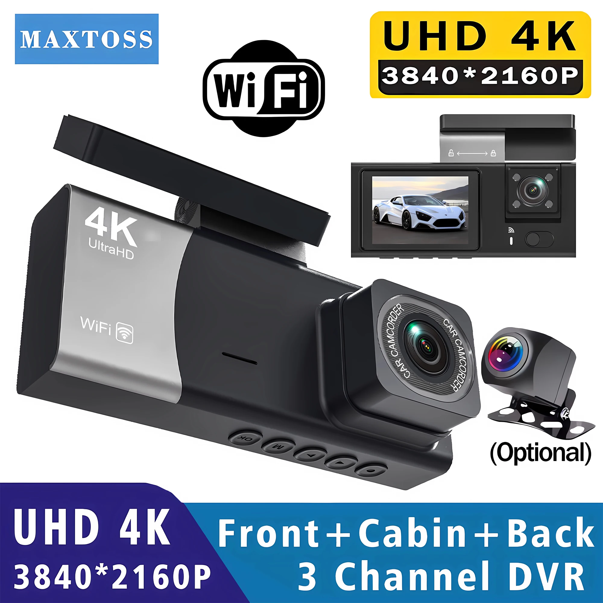 3 Channel 4K 2160P Dash Cam Built-in Wifi 3 Cameras Car DVR Super Night Vision 24H Parking Monitor Dashcam Support Rear Cam
