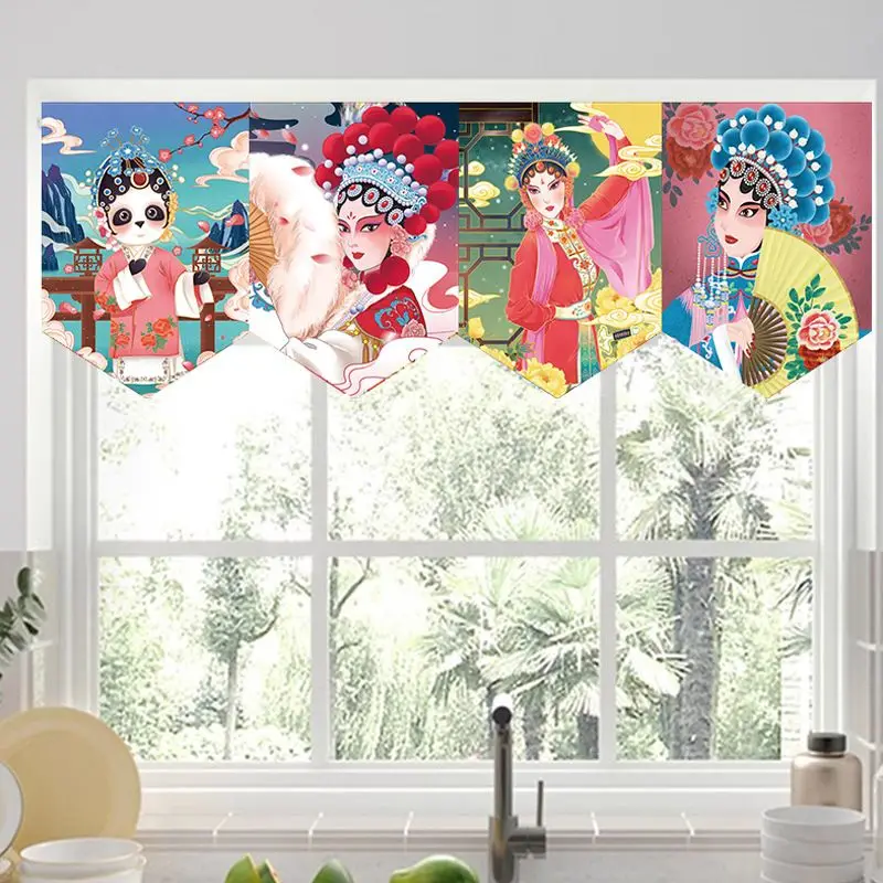 VIKAMA Peking Opera Panda Triangular Curtain Chinese National Tide Fan Facial Makeup Colorful Kitchen Window Valance Decor Soft