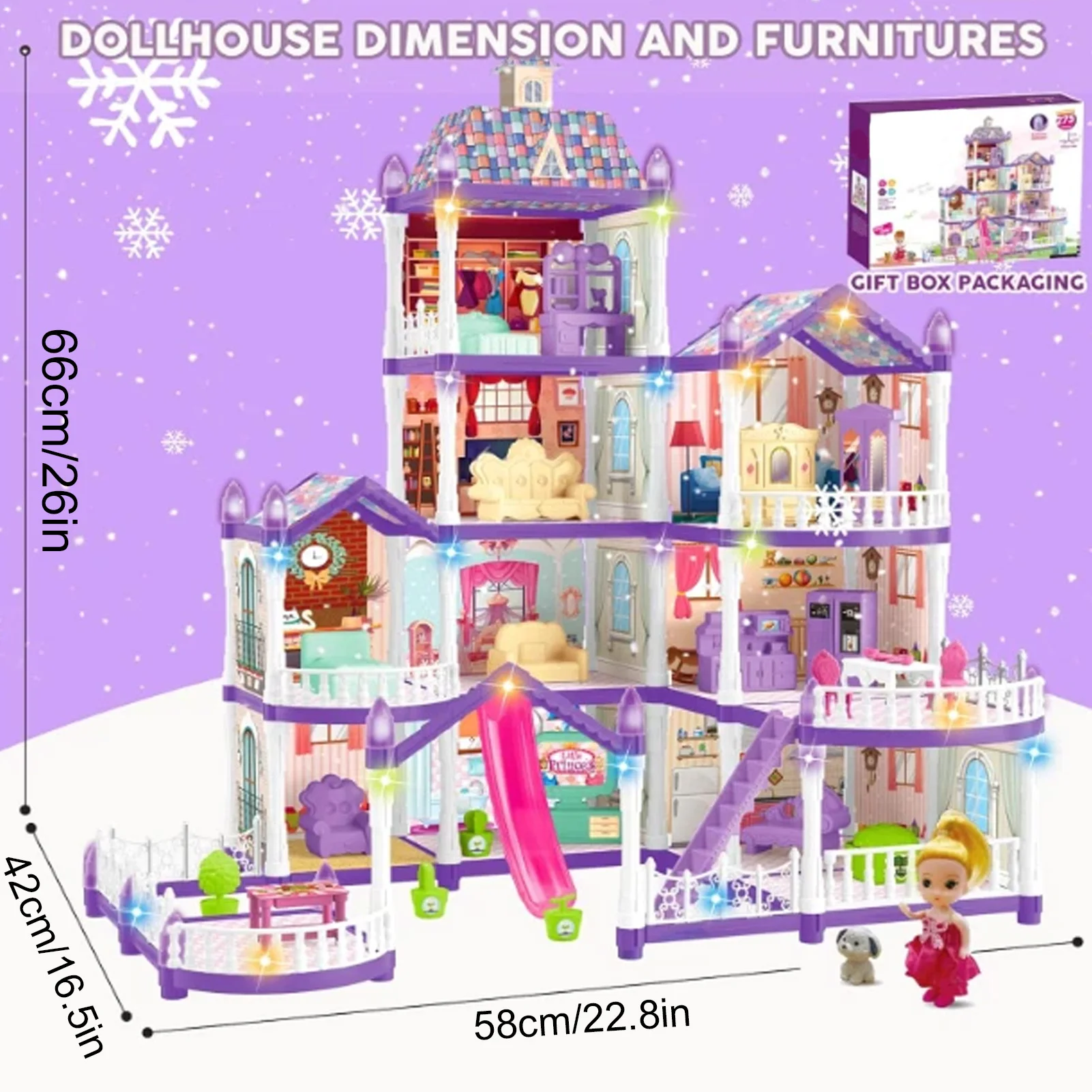 4 banden 13-kamer miniatuur montage poppenhuis speelset met 3 prinses 2 puppy's en meubelaccessoires voor kinderen rollenspel